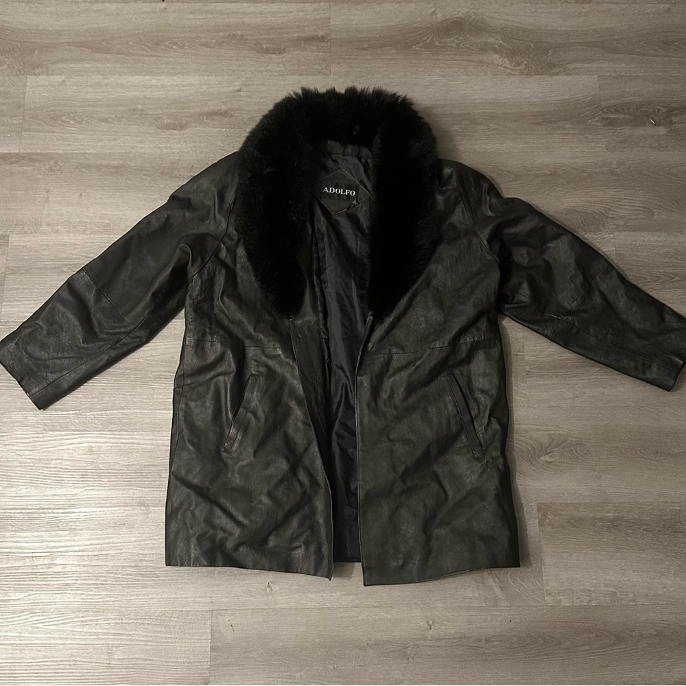 Adolfo Women Leather Fur Coat Jacket Size L